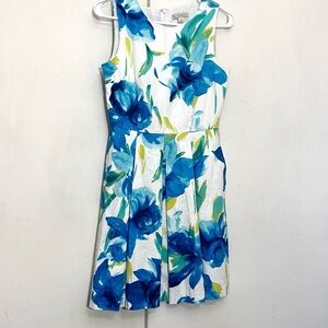 Cato Bold Floral Watercolor Box Pleated Sleeveless Cotton Back Zip Mini Dress 4